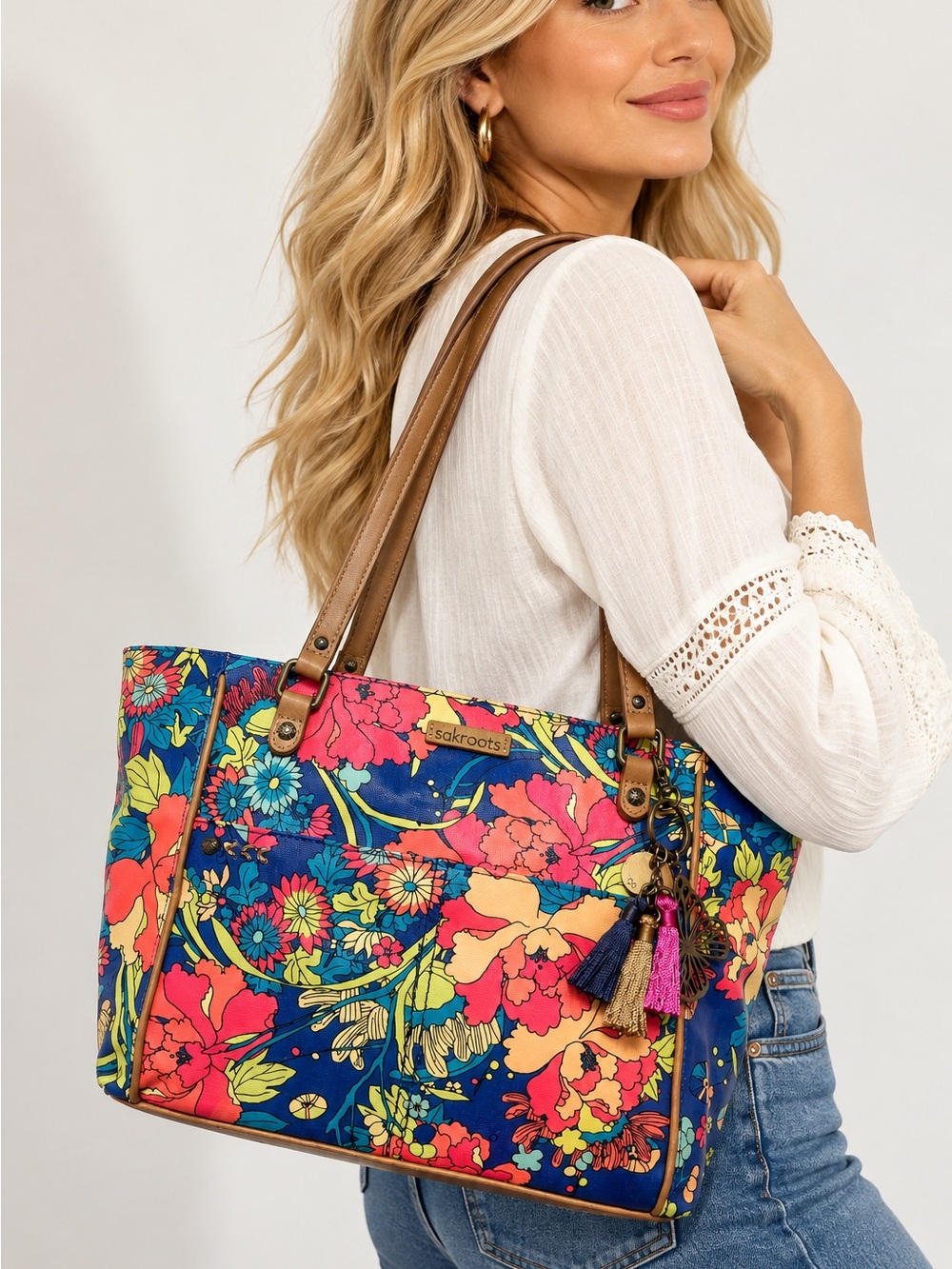 Sakroots Metro Navy Multicolor Floral Tote Bag Tassel Charm Boho